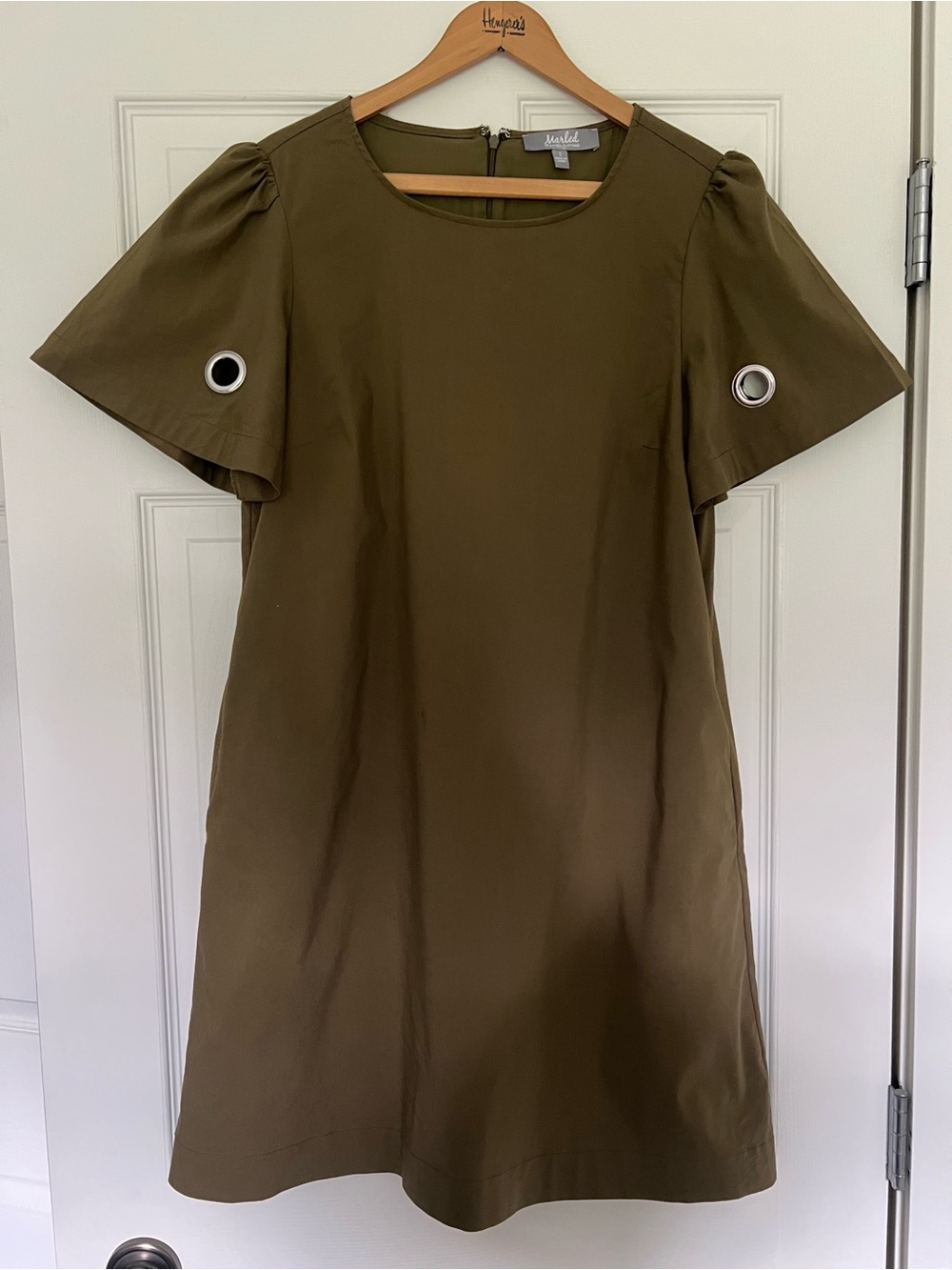 Marled Olive Green A-Line Dress with Eyelet Sleeve Detail